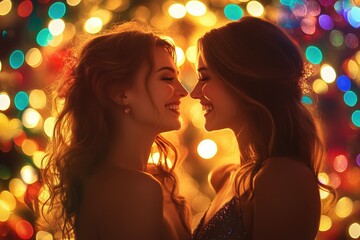 Two women face each other, sharing a tender moment amidst a warm, festive bokeh of Christmas lights.
