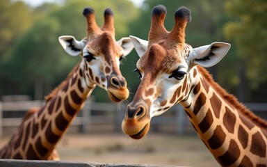 Obraz premium Two giraffes showcase their distinctive patterns and unique features in a serene outdoor setting.