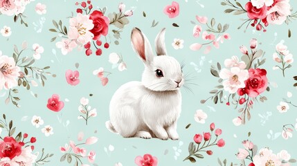 A detailed sketch of a rabbit surrounded by abstract floral patterns, styled on a pastel mint green background with soft pink and cream accents.