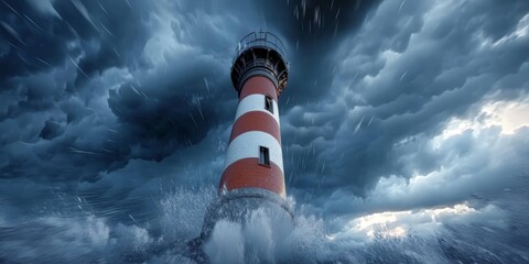 Lighthouse In A Furious Storm, Waves Crashing, Symbol Of Hope, Resilience, And Navigation.