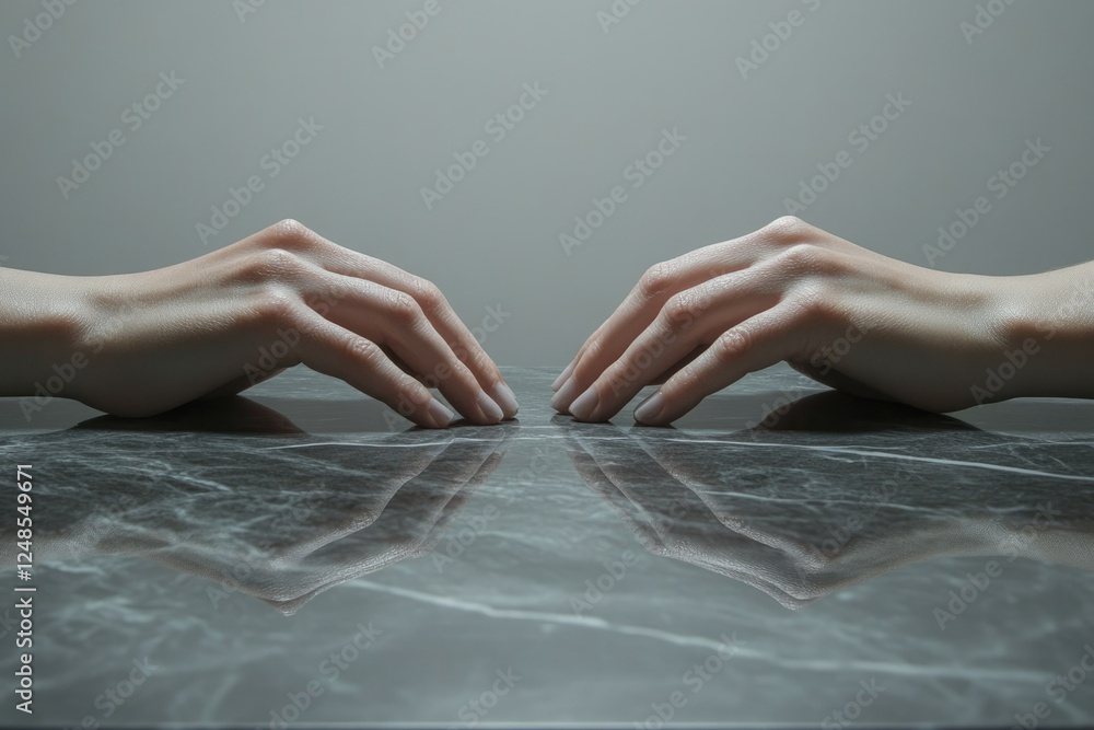 Aufkleber Two delicate hands gently rest on a polished marble surface, creating a serene and symmetrical image.