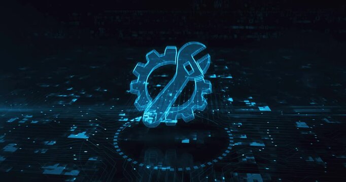 Management setting gear maintenance and fixing hologram symbol appears on a digital background. Network, cyber technology and computer abstract concept 3d animation.