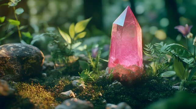 A Mesmerizing Landscape Showcasing a Large Poudretteite Crystal Amidst Lush Greenery and Vibrant Colors