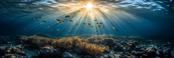 Fototapeta premium Sunbeams Penetrate a Vibrant Coral Reef, Illuminating a School of Fish in the Depths