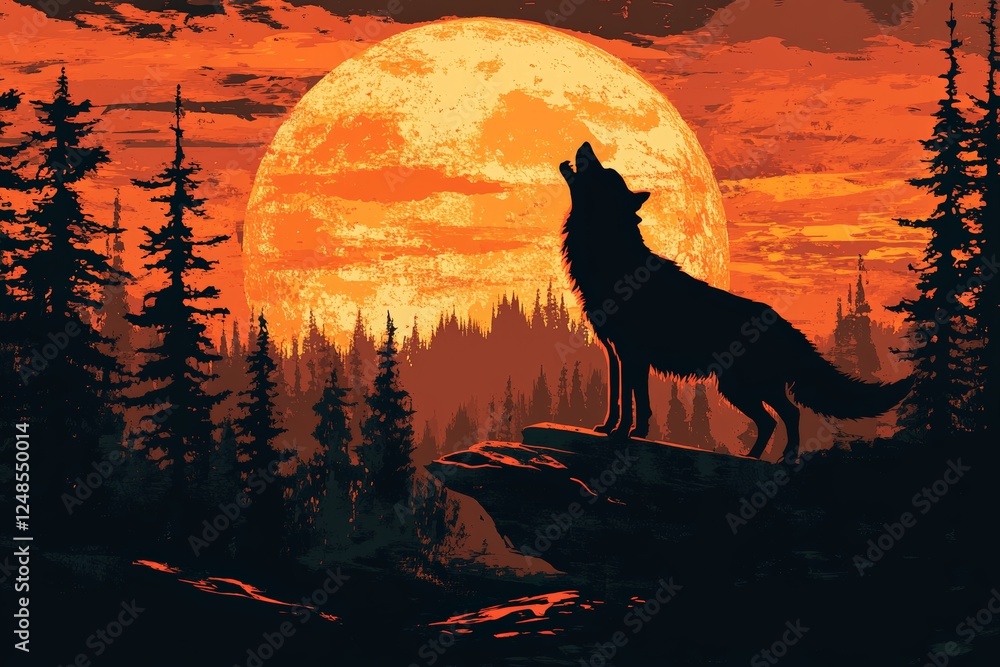 Aufkleber Majestic wolf howls under the glowing full moon in a serene forest setting during twilight