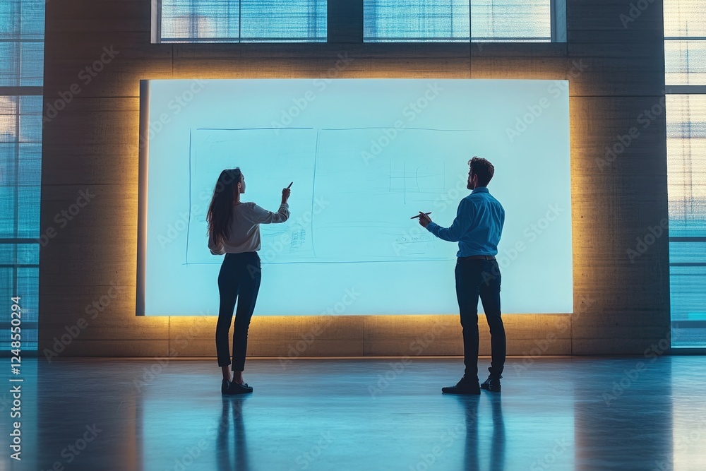 Poster Two colleagues collaborate on a large interactive screen, brainstorming and sketching ideas for a project.