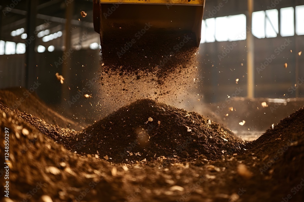 Poster soil or compost being dumped from a machinery, creating a pile with dust and organic materials in a 