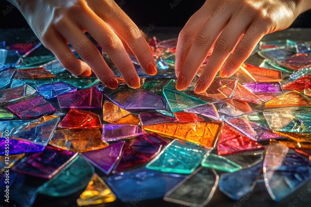 Poster hands gently caress vibrant, multicolored mosaic glass pieces, creating a dazzling display of color 