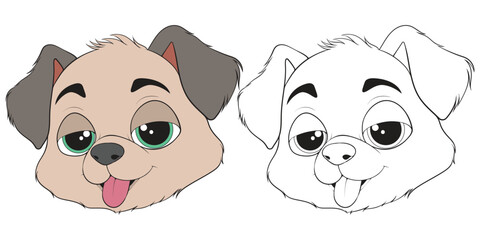 Bundling set Head Dog Character Illustration, Coloring Book Page with Dog, Isolated Head Dog with white Background.