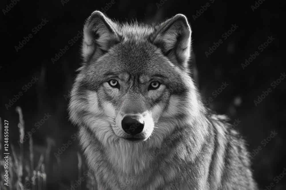 Poster captivating portrait of a wolf with piercing eyes in a natural setting during twilight hours