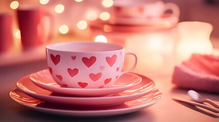 Fototapeta premium Heart-patterned teacup on pink saucer in candlelight