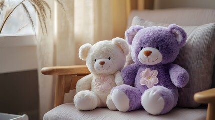 Three teddy bears on armchair in warm lighting