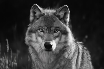 Fototapeta premium Captivating portrait of a wolf with piercing eyes in a natural setting during twilight hours