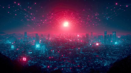Cyberpunk Cityscape: A Futuristic Night View with Glowing Network Connections
