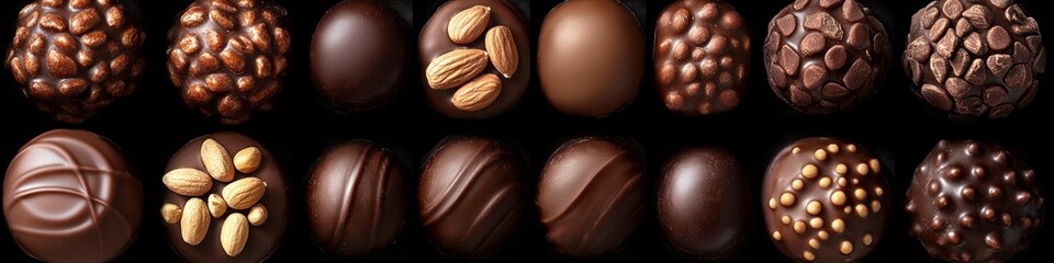 Fototapeta premium Assortment Of Delicious Dark, White And Milk Chocolate Candies With Nuts Decoration, Close Up