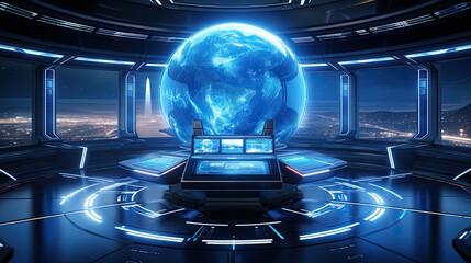 Futuristic Global Control Center with Holographic Earth