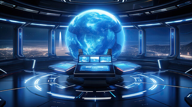 Futuristic Global Control Center with Holographic Earth
