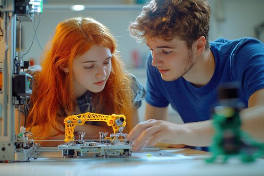 Two teenagers collaboratively work on a 3D printing project, focusing intently on the intricate details of the machine and its output.