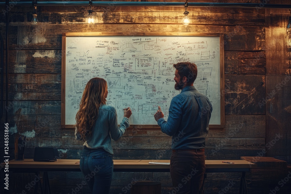 Poster a man and woman collaborate on a whiteboard filled with website design sketches and notes.