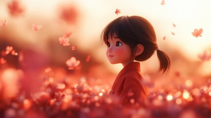 cartoon girl in flower field