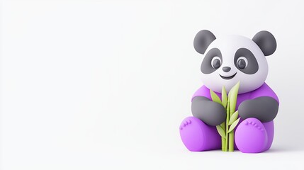 Obraz premium Adorable Cartoon Panda in Purple Outfit Holding Bamboo Stalks