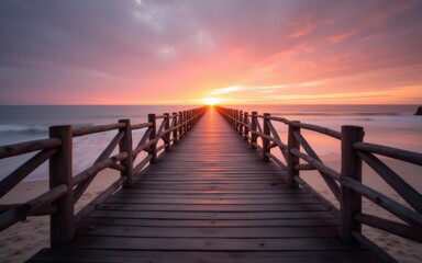 Obraz premium A serene wooden pier extending towards a vibrant sunset over the ocean.