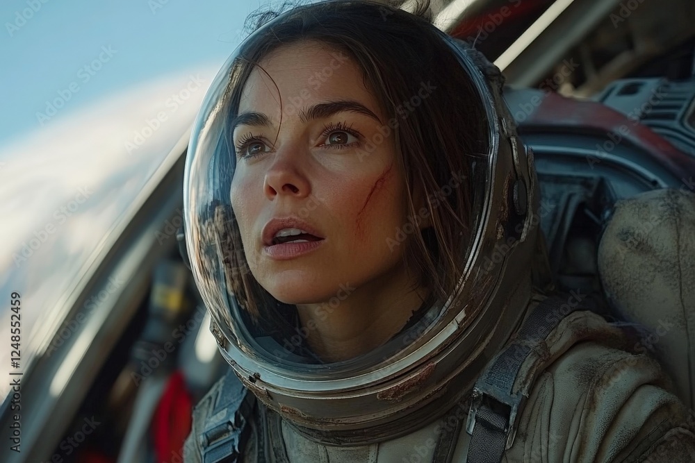 Poster astronaut gazes into the vastness of space with awe and determination during a mission