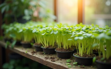 Vibrant seedlings in pots thrive under warm sunlight, showcasing healthy plant growth.