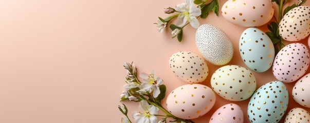 Fototapeta premium Pastel-hued Easter eggs adorned with metallic polka dots, elegantly laid out on a soft peach background, paired with delicate floral accents and green sprigs.