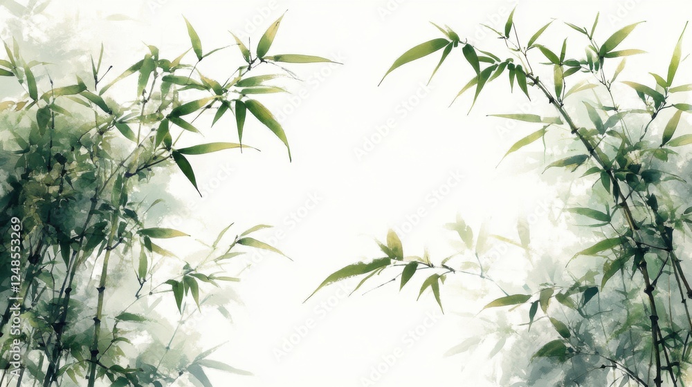 Poster serene bamboo forest with soft light filtering through leaves, creating a tranquil atmosphere