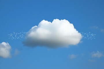 Data cloud connecting devices in a clear blue sky