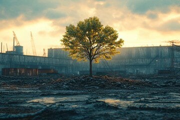 A lone tree thrives in a desolate, industrial wasteland at sunset, symbolizing resilience and hope amidst destruction.