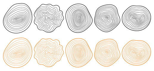 Brown wood tree trunk rings. Hand drawn vector set. Detailed black and white texture of a felled tree trunk or stump. Rough organic tree rings with close up of end grain. Circle topography 