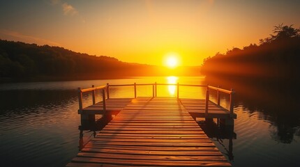 Obraz premium wooden pier stretching into a calm lake with the setting sun casting a golden glow on the water.
