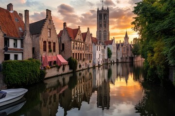 Obraz premium Scenic Brugge Cityscape: Serene Sunset Over Canals with Charming Houses and Historic Belfry Tower in Belgium