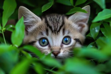 Adorable Stray Kitten Peeking from Lush Greenery in a Playful Summer Moment