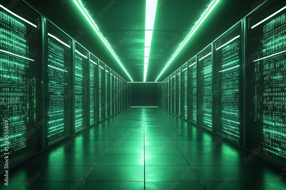 Aufkleber a futuristic data center corridor illuminated with green lights, featuring rows of server racks on b