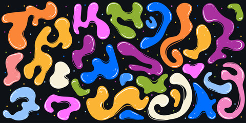 Multicolored Wavy Blobs with Amorphous Shapes in Cartoon Style Isolated on Black Background. Multicolored Liquid Organic Blobs. Glossy effect. Wavy geometric stains with vibrant colors. Abstract and