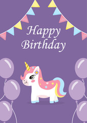 Cute Unicorn Birthday Card with Balloons and Festive Bunting, Adorable Fantasy Greeting Illustration for Kids