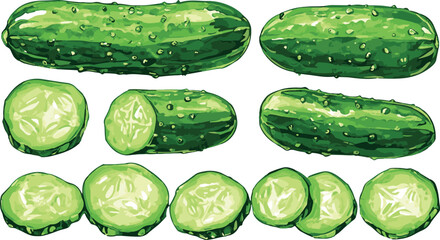 Cucumber set whole and cut in pieces white background isolated vector handdrawn illustration