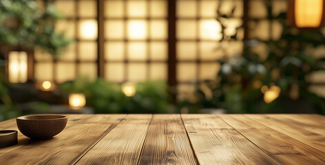 Wooden table with a Japanese or Asian theme background, Japanese restaurant or Japanese living room, for display or advertising products, background etc.
