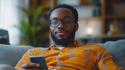 Obraz premium Young man in a cozy home environment with a cup of coffee and a smartphone in his hands, relaxing on the sofa. 