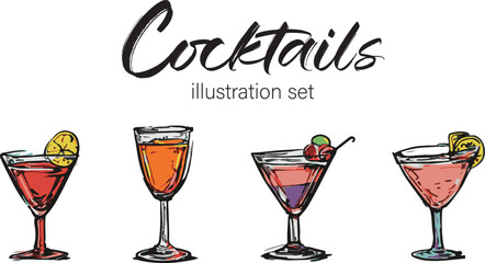 Bar cocktail drinks handdrawn illustration set vector isolated white background. Illustration for a menu 