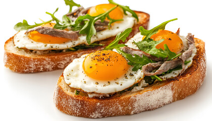 Delicious bruschettas with anchovies, cream cheese, eggs and greens isolated on white