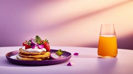 Delicious and healthy gourmet breakfast. Thin pancakes with fruits, berries and flowers.