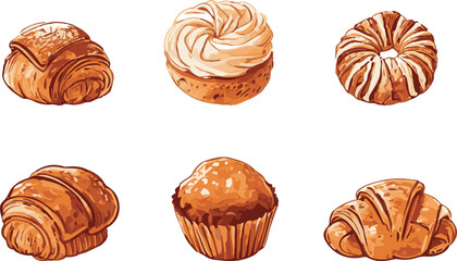 Sweet pastries, muffins, buns and croissants watercolor handdrawn vector illustration set white background isolated