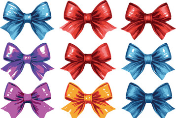 Satin Bows Vector Illustration Set Isolated on White Background Template Mock-up