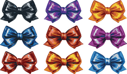 Satin Bows Vector Illustration Set Isolated on White Background Template Mock-up