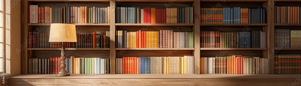 Poster a cozy library scene featuring a wooden bookshelf filled with colorful books and a lamp, creating a 
