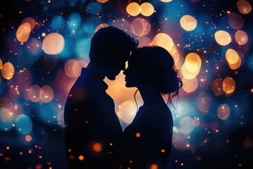 Silhouette of a loving couple embracing against a magical bokeh background.